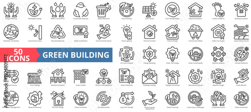 green building icon pack outline contains net zero energy, long term saving, construction challenges , operational savings, geothermal system , building envelope, daylight harvesting