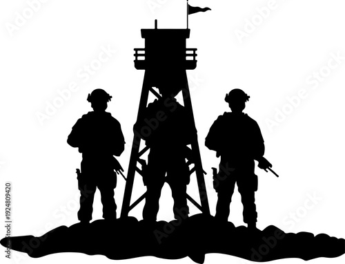 Soldiers and guard tower isolated on white