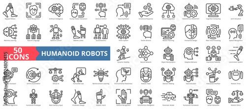 humanoid robots icon pack outline contains bipedal motion, facial recognition, human interaction, expressive features, locomotion system, kinematic model, humanlike gait, joint actuation, social ethic