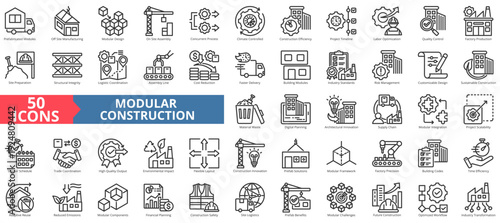 modular construction icon pack outline contains trade coordination, prefab solutions, building codes, time efficiency, adaptive reuse, reduced emissions, site logistics, prefab benefits, challenges