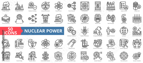 nuclear power icon pack outline contains tritium production, uranium enrichment, decommissioning plan, critical mass, thermal neutron, spent fuel, neutron capture, plutonium fuel, proliferation