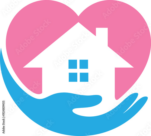 A house with a heart, surrounded by caring hands, symbolizing love and protection.