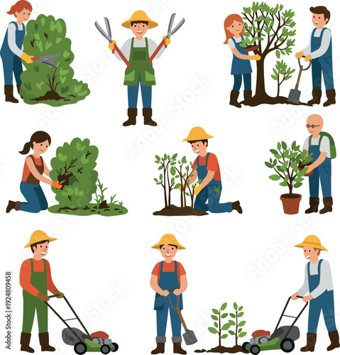 Gardening People Planting Trees Mowing Lawn With Shears In Flat Vector Style