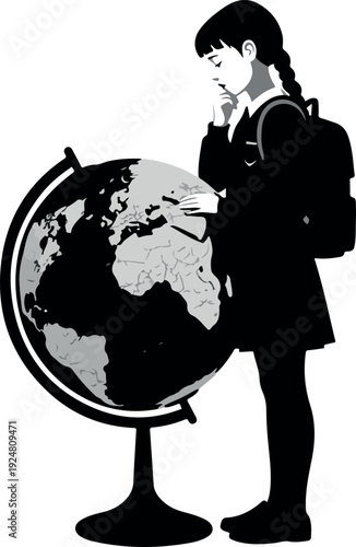 Girl in Black Uniform Studies Globe Vector Minimal Illustration