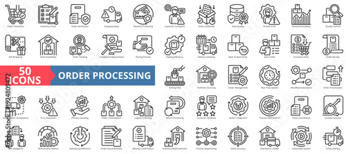 order processing icon pack outline contains real-time update, efficient handling, timely delivery, consolidation, sorting area, receipt, picking, distribution center, automated system, placement