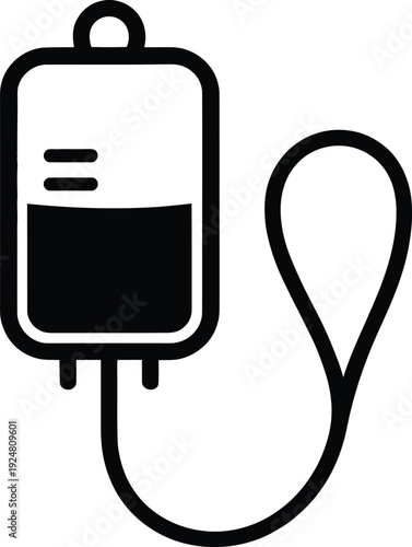Simple line drawing of an iv bag with liquid and tubing attached.