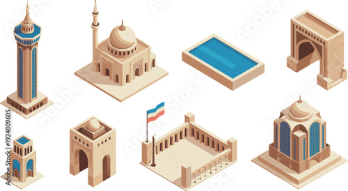 Isometric 3D architectural landmarks set with mosque tower arch monument courtyard and government building vector illustration