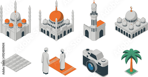 Isometric Islamic mosque architecture collection with minarets prayer mat Muslim people camera and palm tree vector illustration