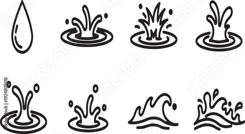 A collection of eight black and white illustrations depicting water in various forms Vector