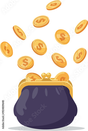 Gold Coins Falling Into Purple Purse Isolated White Background