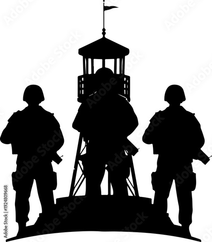 Soldiers and guard tower isolated on white