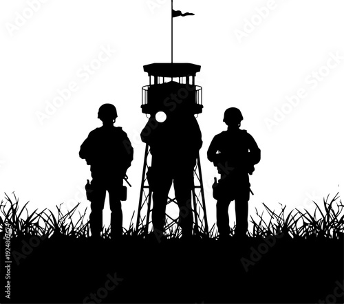 Soldiers and guard tower isolated on white