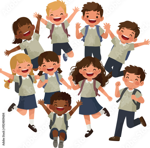 Happy Diverse Kids in School Uniforms Jumping With Joy Back to School Vector