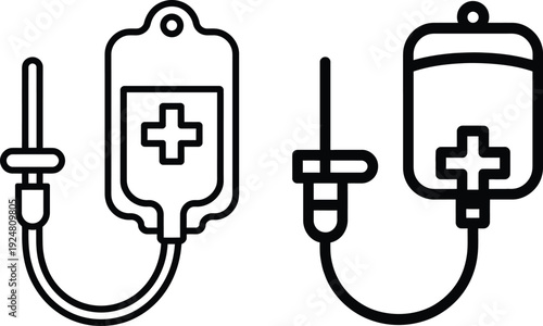 Simple line drawing of two medical bags with cross symbols hanging from stands.
