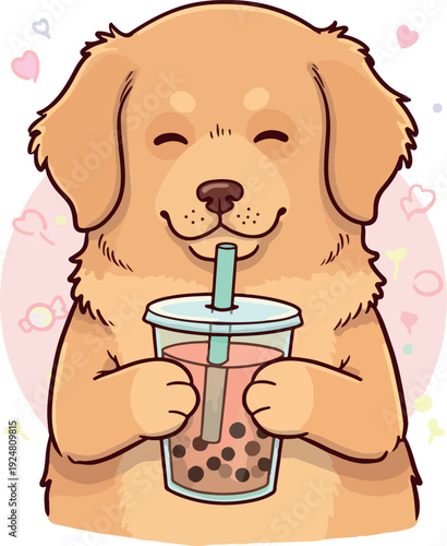 Golden Retriever Dog Happy Drinking Bubble Tea Pastel Background Vector
