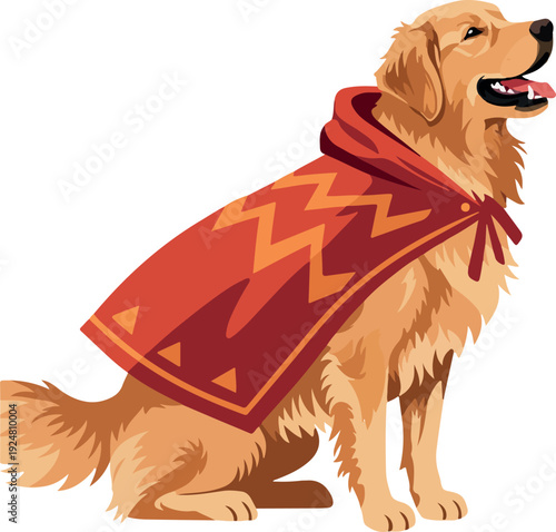 Golden Retriever Dog Wearing a Red Tribal Patterned Cape Sitting Happily Isolated