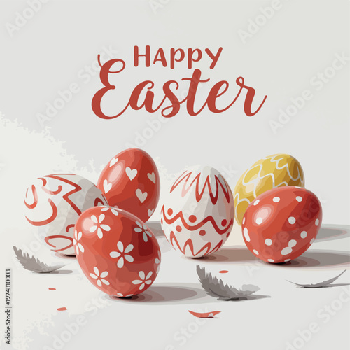 Happy Easter Decorated Eggs White Background Soft Lighting Feathers