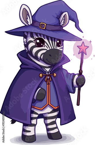 Cute Zebra Wizard Holding Magic Wand Sparkle Purple Hat Cape