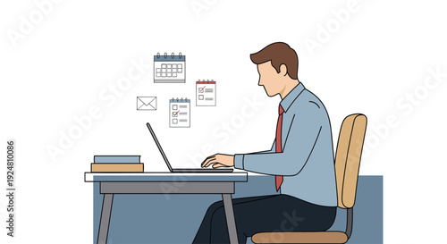 Young man working on laptop in creative digital space