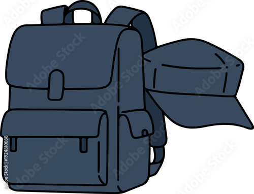 Dark Blue Backpack and Cap Flat Design Minimal Illustration Isolated