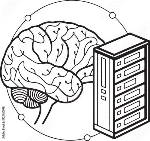AI brain integrated with server rack: Representing advanced data processing and powerful computing capabilities. Isolated white background