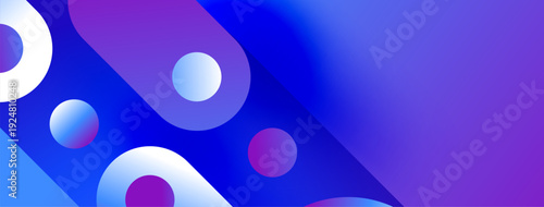 Abstract background features vibrant blue, purple hues. Circles, shapes overlap creating dynamic visual effect. Modern design elements present.
