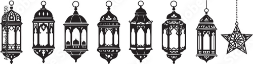 A horizontal array features eight distinct black and white Islamic lantern and star icons in various ornate styles.