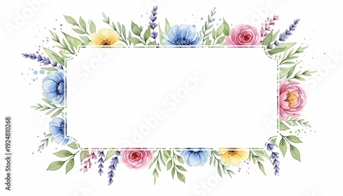 Watercolor Floral Frame with Elegant Blank Rectangle Template