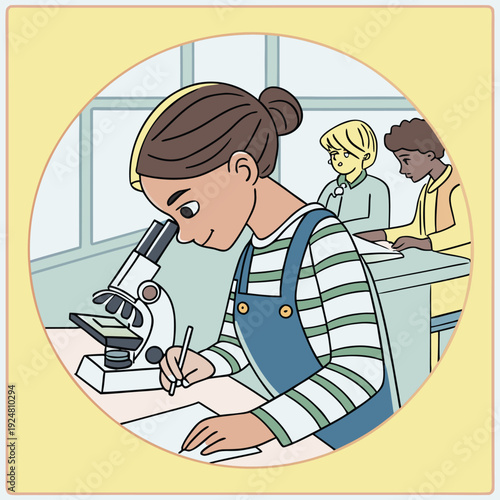 Bright science lab classroom with focused students using microscopes, taking notes, and exploring experiments. Natural daylight, modern lab setup, educational atmosphere, teamwork, and hands-on learni