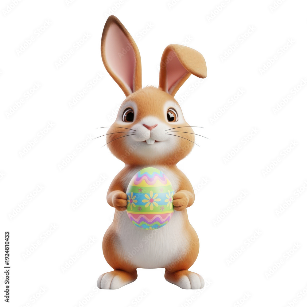 Obraz premium A cartoon bunny holding a colorful easter egg with a white background.