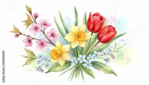 Spring Floral Bouquet with Red Tulips, Yellow Daffodils and Cherry Blossoms Watercolor Illustration