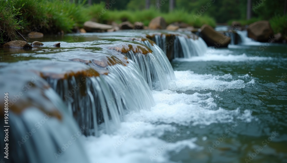Fototapeta premium Serene Forest Stream With Cascading Water Over Rocks Illuminated By Soft Natural Daylight Peaceful Nature Scene With