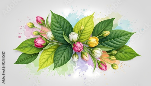 Fresh Green Leaves and Tulip Buds with Watercolor Splash Background