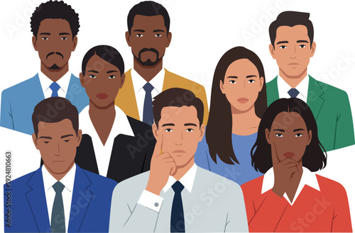 Diverse Business Team Serious Expressions Flat Design Isolated on White