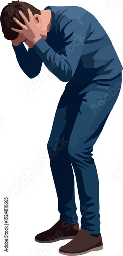 Distressed Man In Blue Sweater Holding Head In Despair Isolated Vector Art