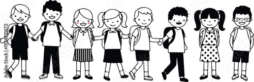 Diverse Group Of Children Walking Together Holding Hands Black And White