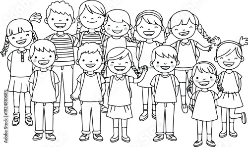 Diverse Group Of Happy Kids Children Standing Together Simple Line Art
