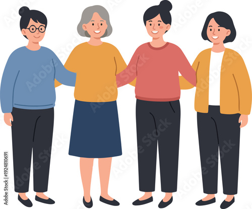Diverse Group Women Diverse Ages And Ethnicities Standing Together Colorful Outfits Flat Design