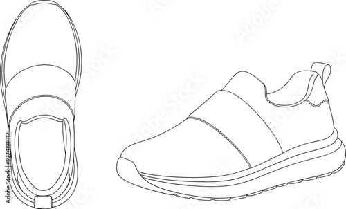 Flat vector illustration of minimalist slip on sport sneakers, top and side view casual footwear outline design