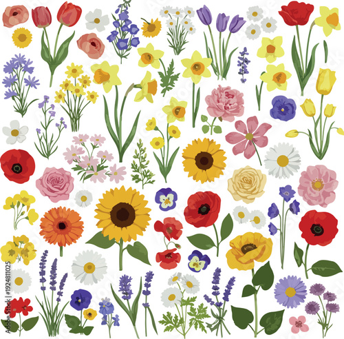 Diverse Pixel Art Spring Flowers and Blooms Isolated On White