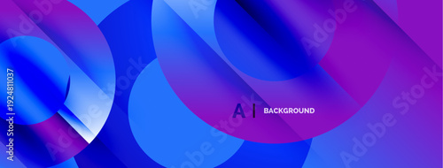 Abstract fluid shapes overlap, creating vibrant purple, blue gradients. Modern design suggests digital art, technology background.