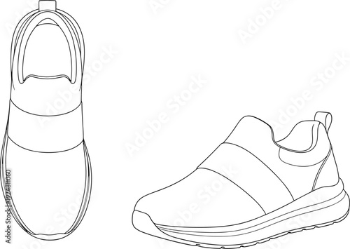 Flat vector illustration of modern slip on sneakers, top and side view casual lightweight shoes outline design