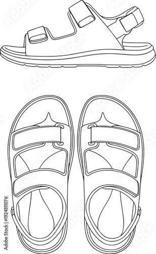 Flat vector illustration of orthopedic summer sandals, top and side view outline footwear design isolated on neutral background