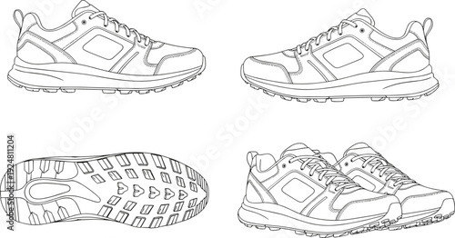 Flat vector illustration of trail running shoes set, side top and sole view athletic sneaker outline design