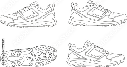 Flat vector illustration of trail running sneakers, side and sole view athletic outdoor sport shoes outline design