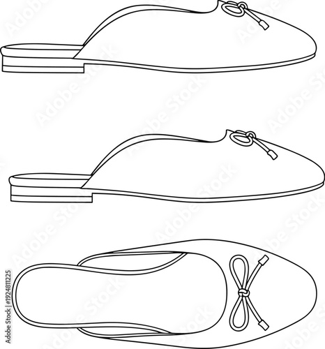 Flat vector illustration of women mule slippers with bow detail, top and side view outline footwear design