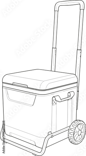 Flat vector illustration of wheeled cooler box with extended handle, portable camping ice chest outline isolated on background