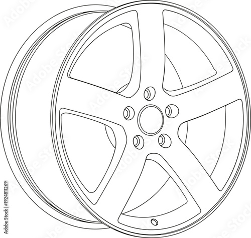Flat vector illustration of alloy car wheel rim, front and perspective view automotive tire outline design