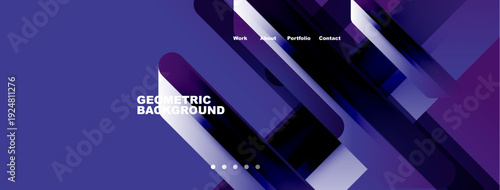 Modern website header design. Purple gradients, geometric shapes, navigation menu present. Clean, professional aesthetic.