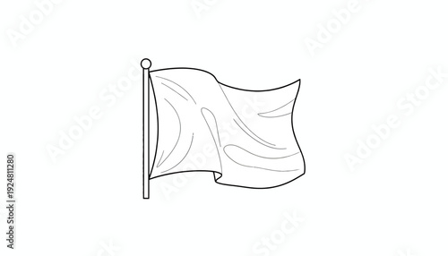Waving Flag on Pole, Simple Outline Drawing, Isolated on White Background